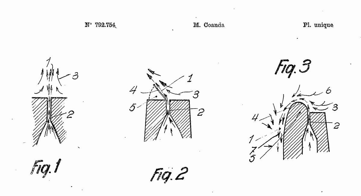 Patentzeichnung von Coanda - 1934 in seiner Patentschrift FR 792.754.
